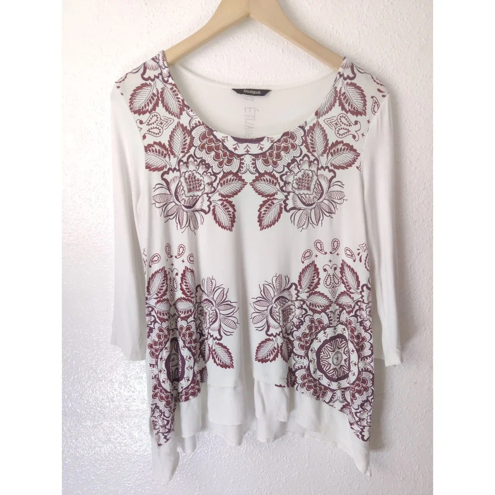 3/$20 Desigual Kassandra White & Red Floral Asymmetrical Long Sleeve Blouse M - Picture 2 of 8